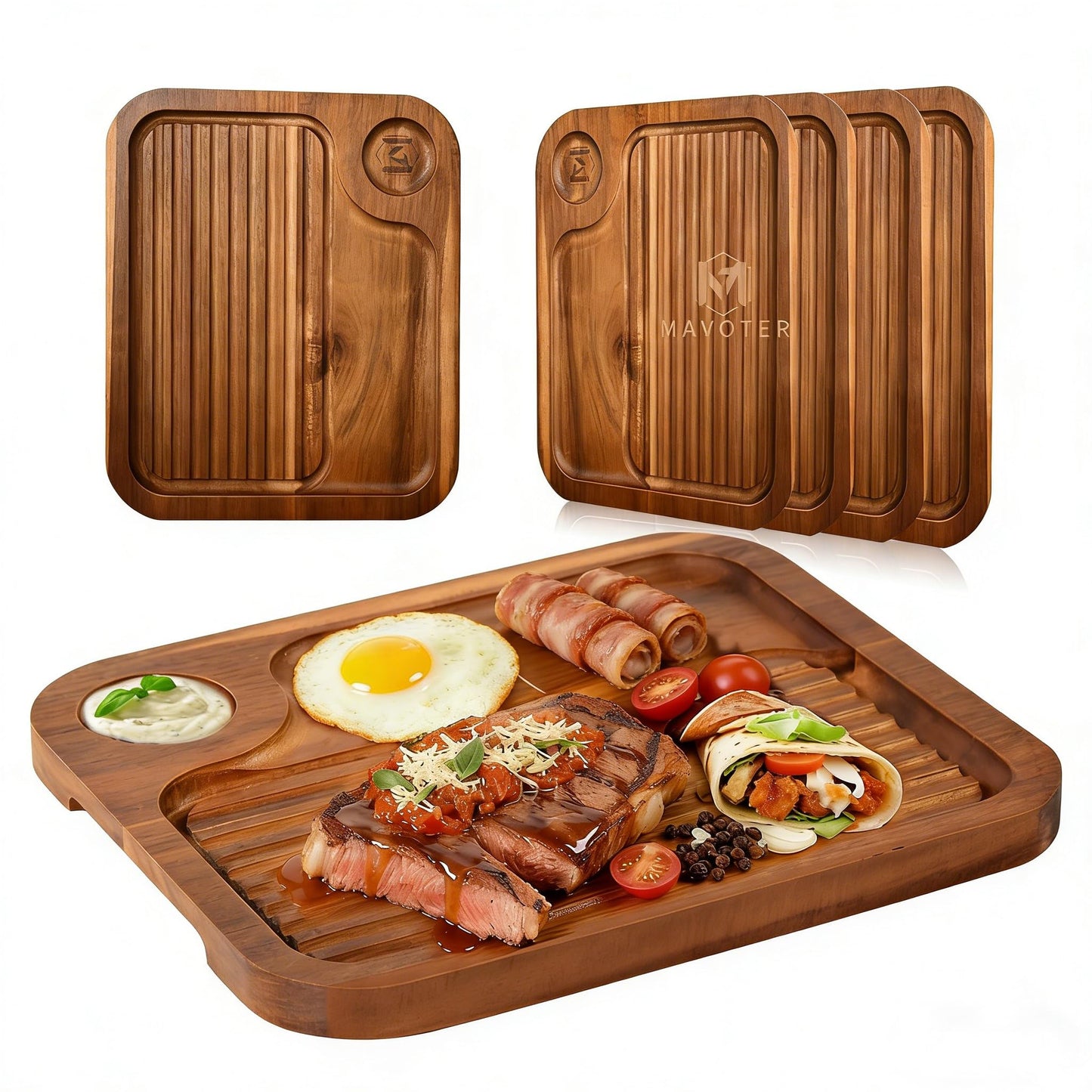 4 pcs Acacia Wood Steak Plates,Carnivore Cutting Board for Eating, Carved Meat Wooden Plate, Food Serving Tray,Cheese Charcuterie Boards with Deep Grooves & Hidden Handles