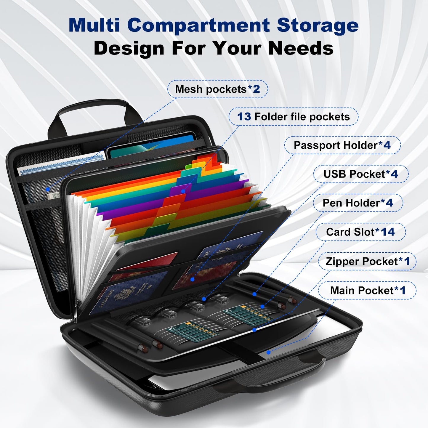 HIBWN Fireproof Document Box, Hard Case Fireproof File Organizer with Lock and 13 Pocket Accordion File Folder, Portable Safe Box for Home Office Travel to Storage Important Documents Laptop Black