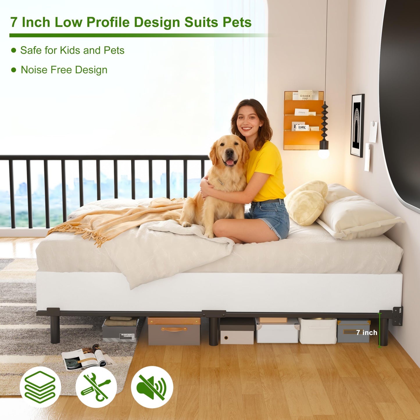 EMODA 7 Inch Queen Bed Frame for Box Spring and Mattress, 9 Legs Support Metal Bed Base, Tool-Free and Easy Assembly, Black