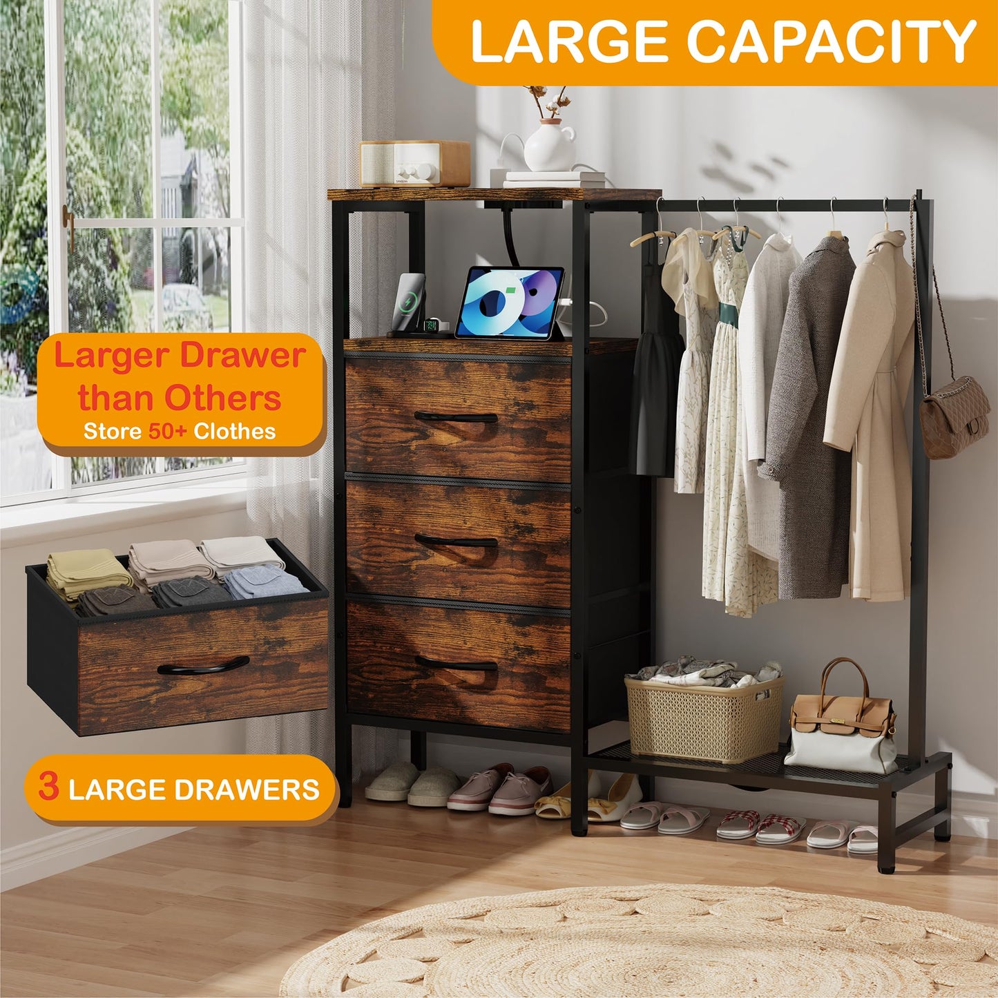 ZHNSYDN Dresser for Bedroom with Hanging Rack, 3 Drawers Closet with Charging Station, Fabric Chest of Drawers with Clothes Rack, Storage Organzier for Hallway Entryway, Brown