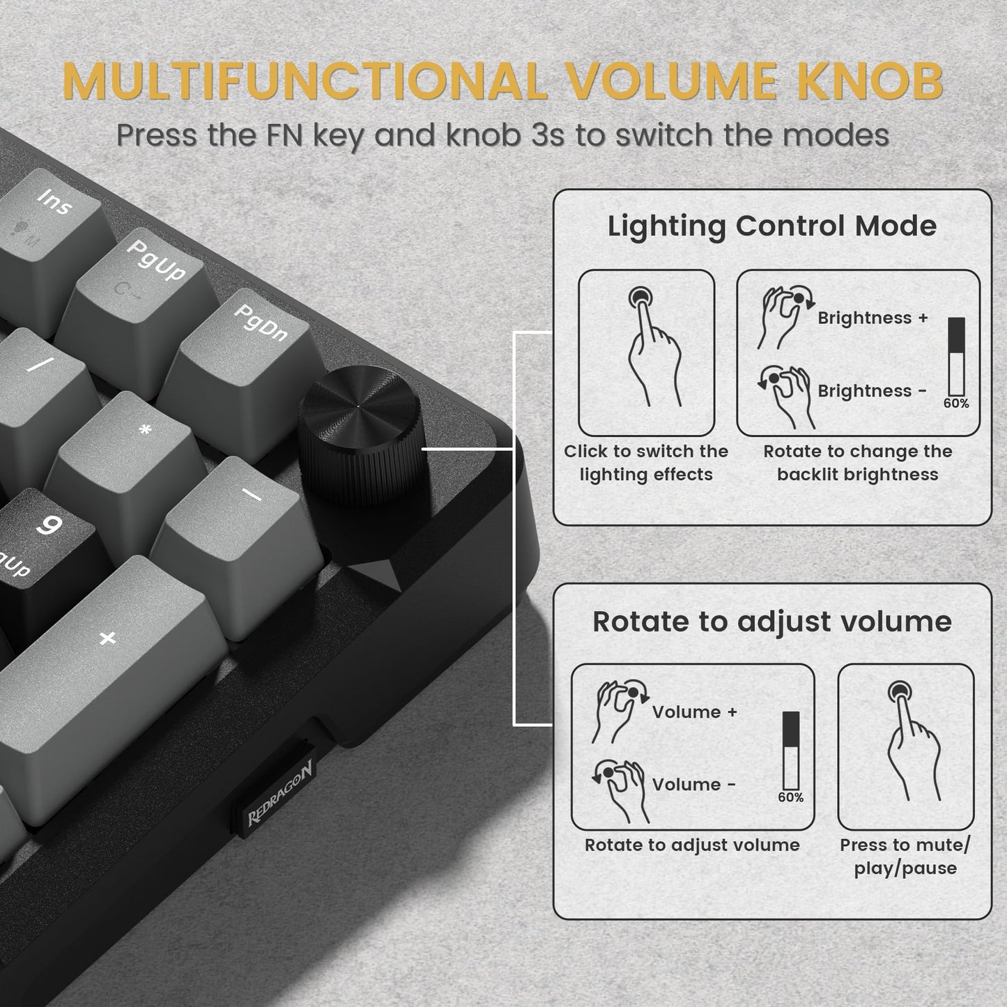 Redragon K742 Wireless Mechanical Gaming Keyboard with Knob, Bluetooth 5.0/2.4GHz/USB C Wired Creamy Keyboard with Number Pad for PC Computer, RGB Backlits, Hot-Swappable with Linear Switches (Black)
