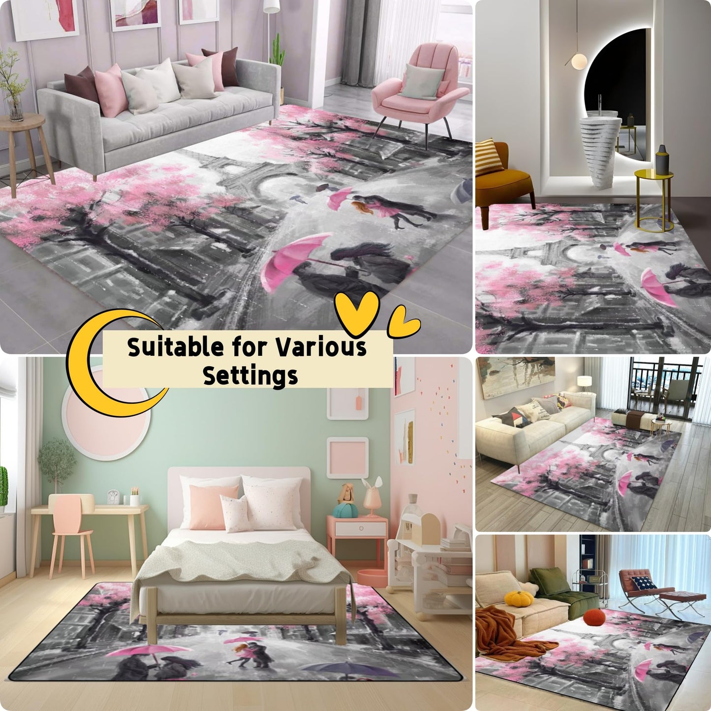 EDGZKO Paris Rugs for Girl Bedroom: 5x7 Feet Pink Gray Eiffel Tower Area Rug for Living Room Home Kitchen Hallway Paris Themed Carpet Indoor Floor Mat for Teens Girls Women