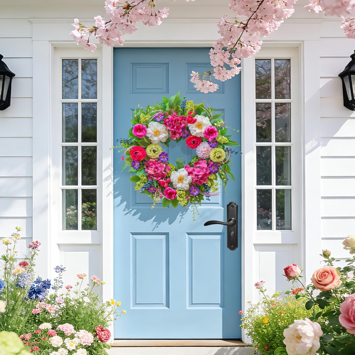 Pinkpuii Spring Wreaths for Front Door 24 Inch Lush Spring Door Wreath with Pink Peonies, Roses, White Blooms & Greenery, Garden Style Summer Flower Wreath for Front Porch, Entryway & Wall Window