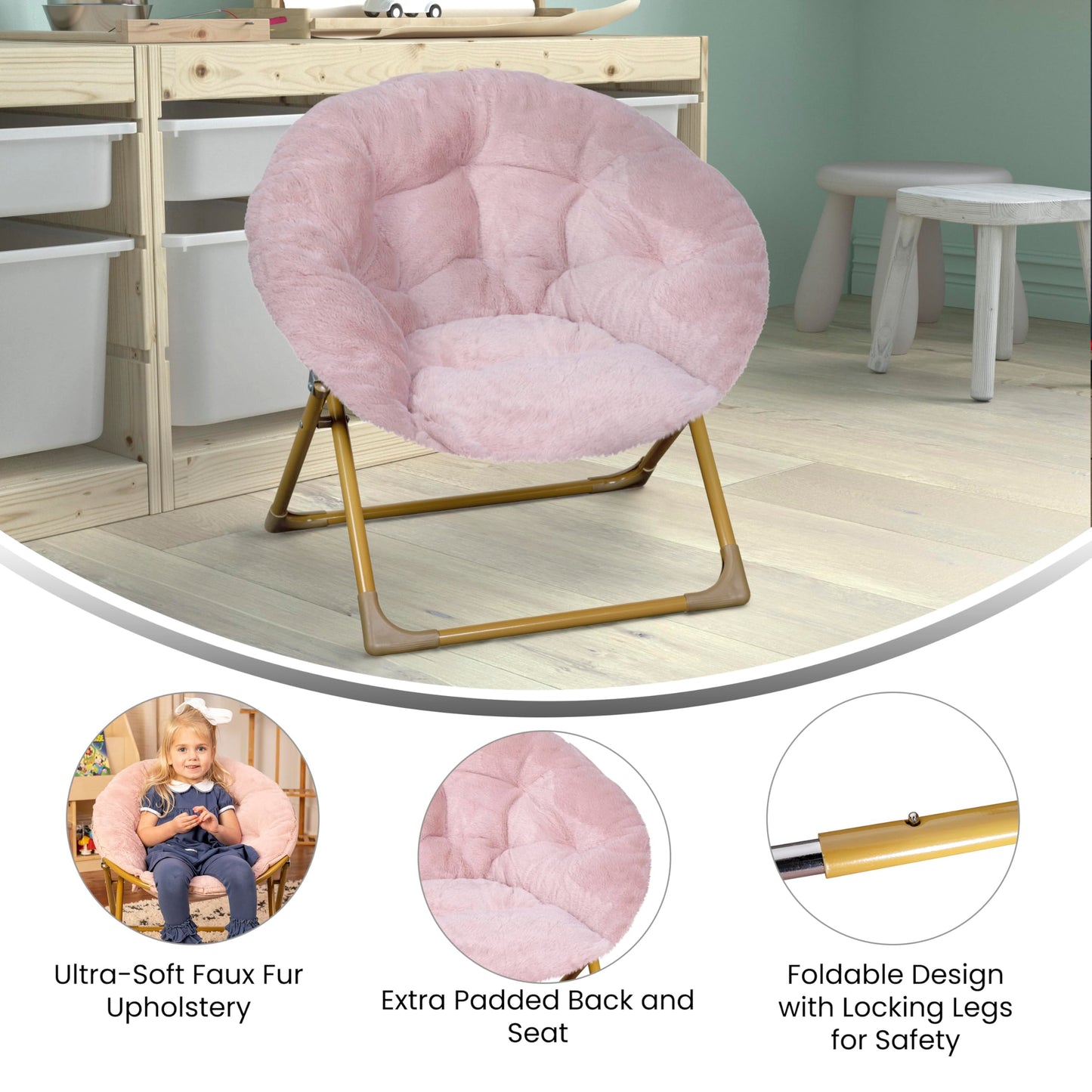 Flash Furniture Gwen Kids Cozy Mini Folding Saucer Chair - Blush Faux Fur Moon Chair - Soft Gold Metal Frame - 23" Portable Folding Chair For Living Room or Bedroom