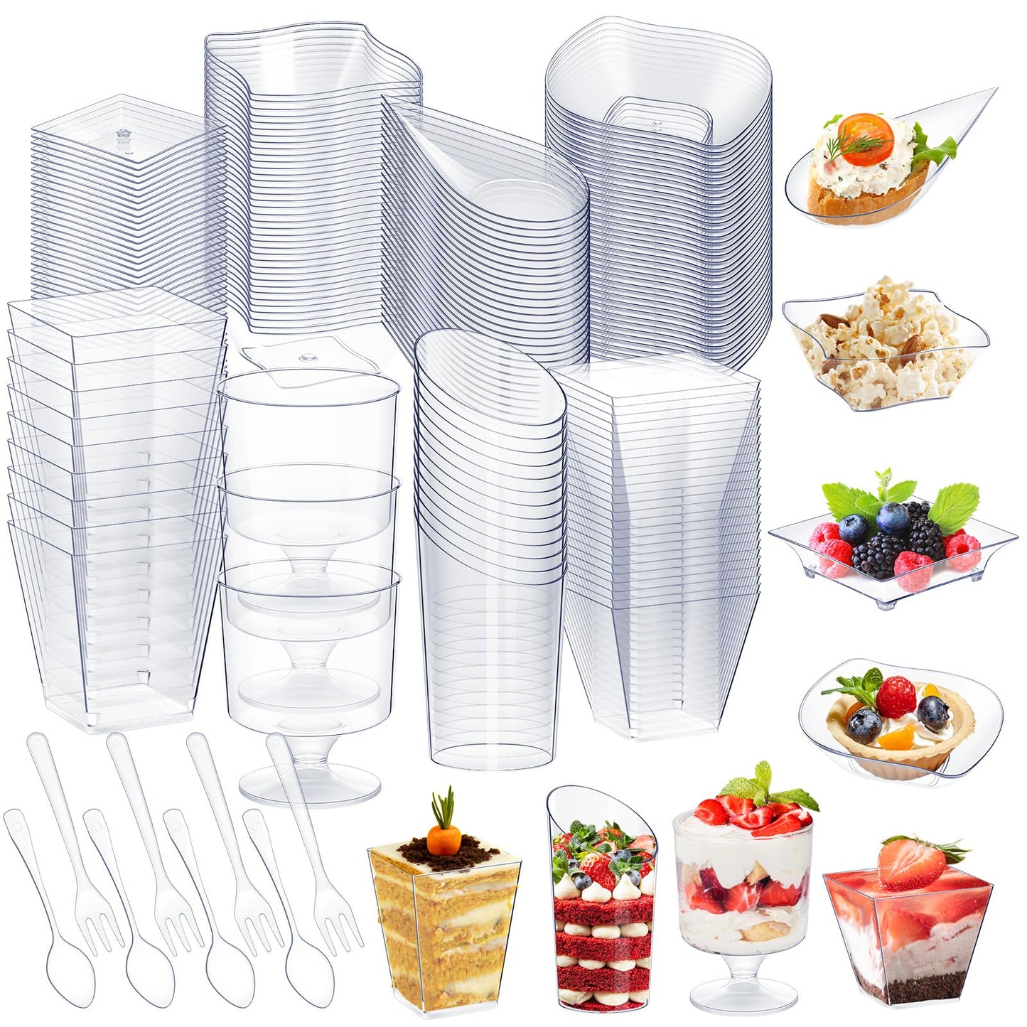 Tessco for you 800 Pcs Mini Appetizer Plates Dessert Cups Spoons Forks Set Dessert Containers Assorted Shape Plastic Parfait Cups Disposable Spoon Forks for Party Serving (Clear)