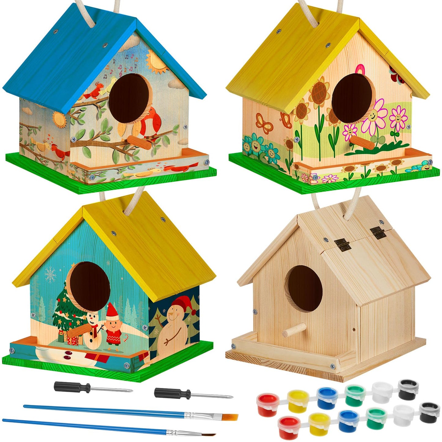 Liliful Wooden DIY Birdhouse Kit for Adults Unfinished Wooden Bird Houses with Paints and Paintbrushes Spring Summer Arts and Craft Gifts Kit for Boy or Girl Classroom Birthday Activity(4 Set)