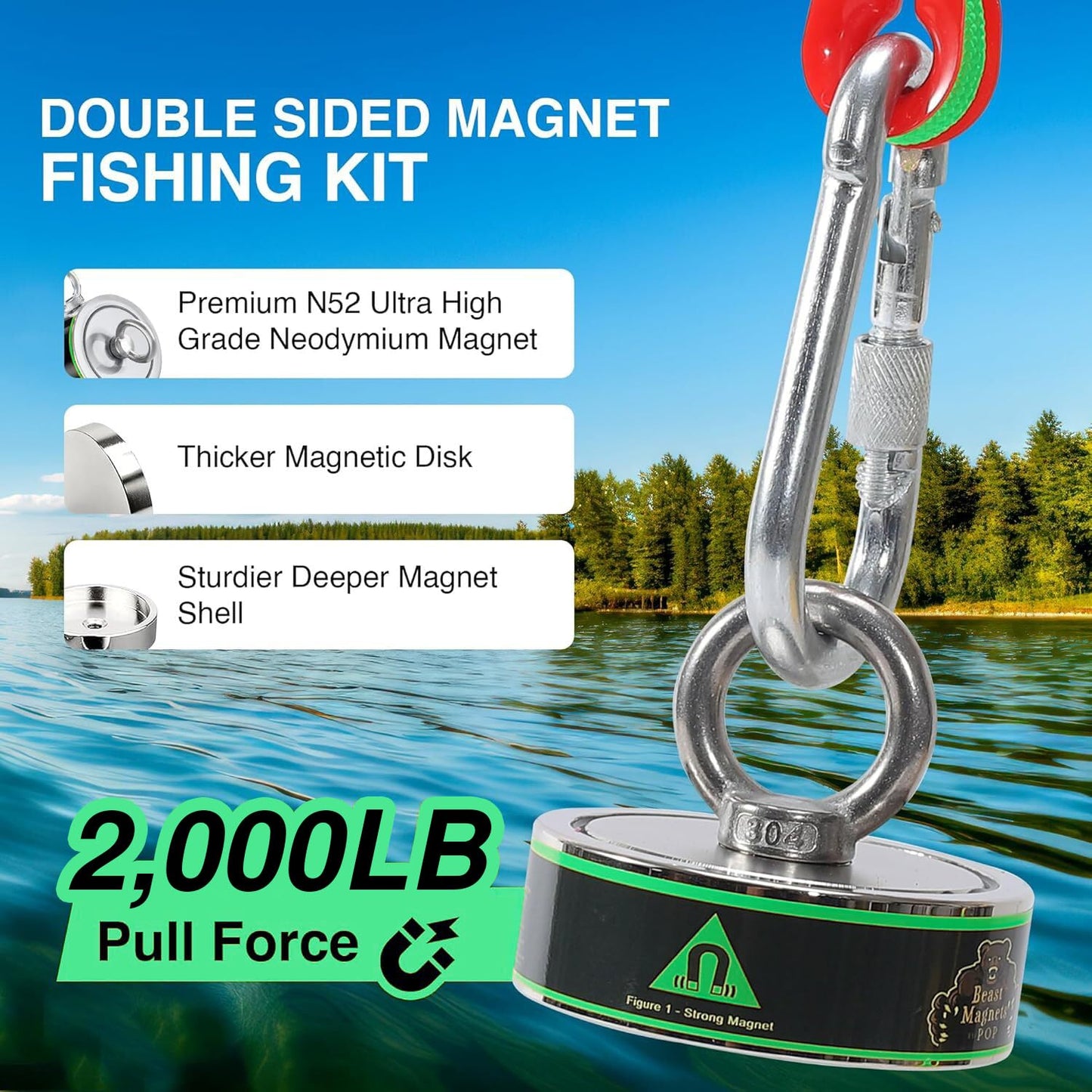 2000LB’s Complete Magnet Fishing Kit | Double Sided Fishing Magnet Kit with Case | Includes Strong Neodymium N52 Magnets, Durable 65ft Rope, Carabiner, Gloves, Grappling Hook & Carry Case