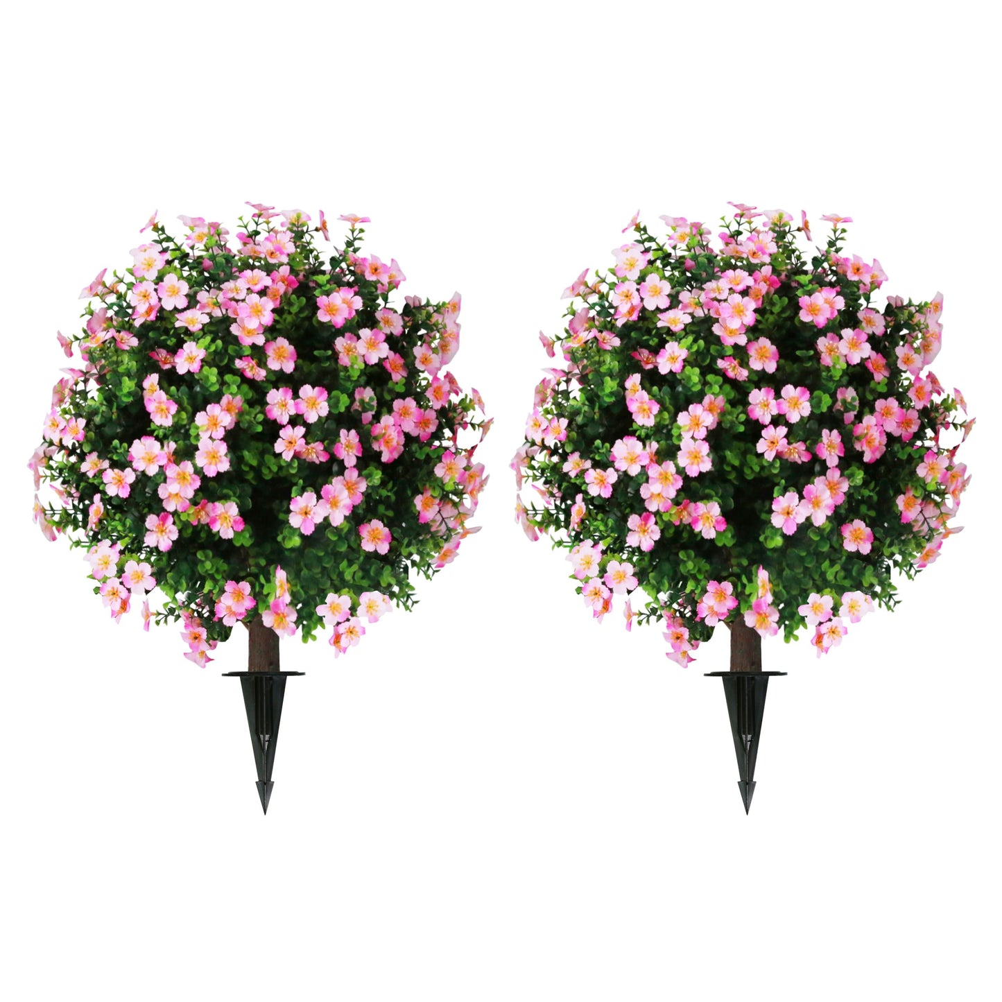Sunnyglade Set of 2 Artificial Boxwood Topiary Ball Trees with Pink Flower, Faux Shrub Bushes with Ground Spike 25.5", UV Resistant Fake Boxwood Plants for Indoor, Garden, Porch, Patio Decor (Pink)
