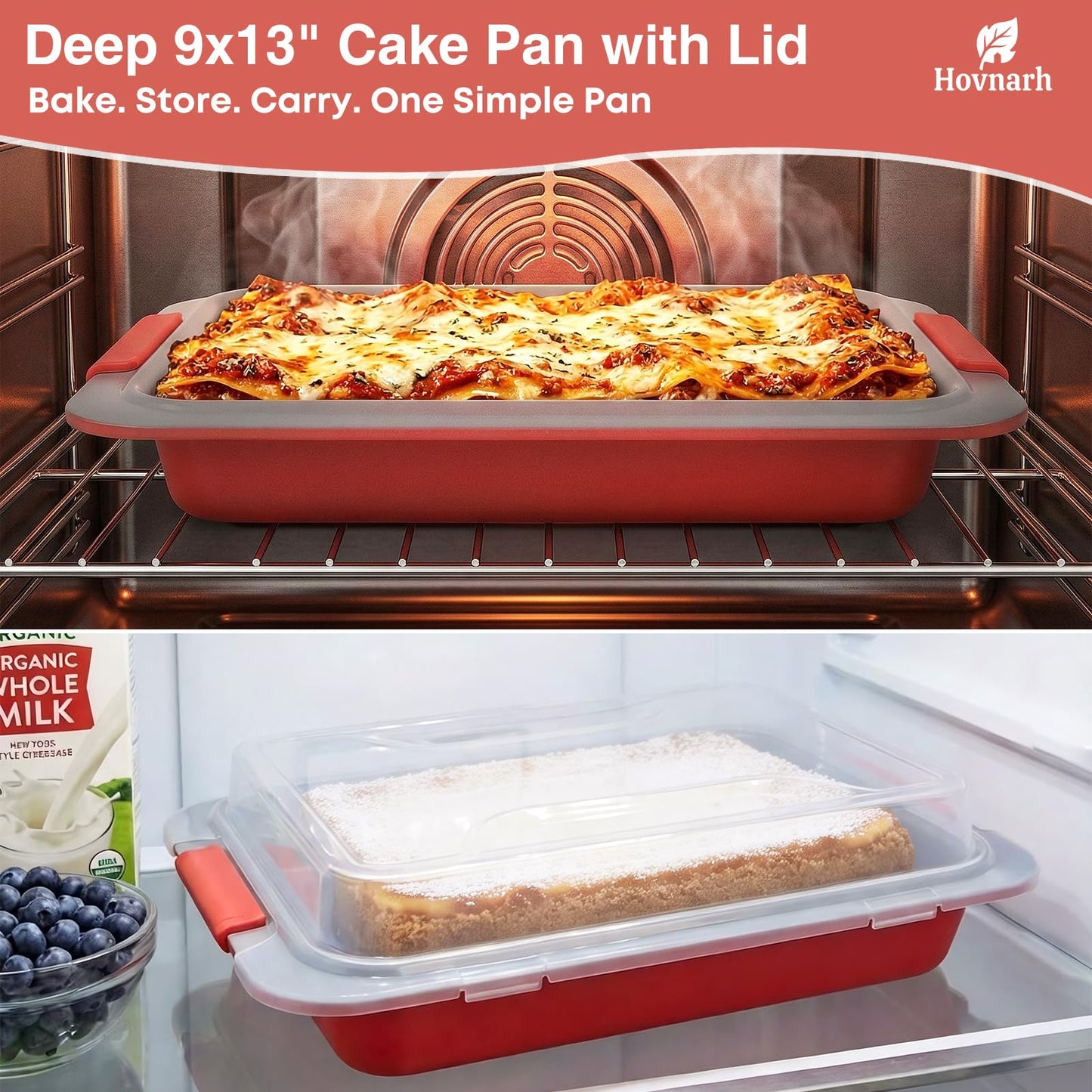 9x13 Baking Pan with Lid, Deep Nonstick Covered Cake Pan for RV & Convection Oven, Heavy Duty Warp-Resistant Pan with Silicone Handles, Snap-On Cover for Meal Prep, Storage, Transport (Coral Red)