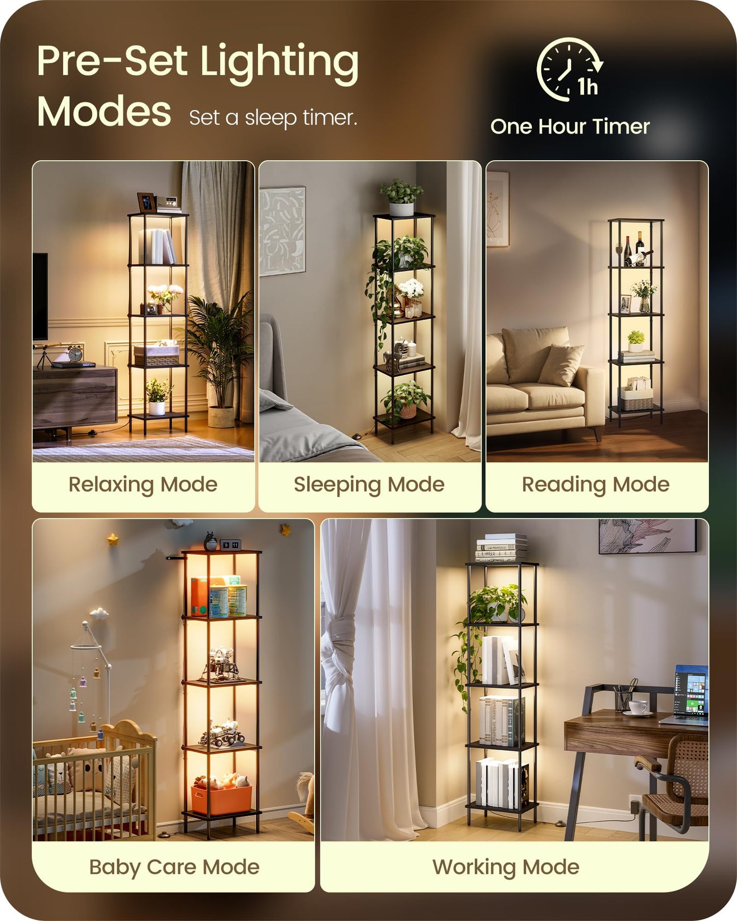Display Shelf with Light, 5-Tier Shelf Lamp, Corner Floor Lamp with Shelves, Dimmable LED Floor Lamp for Living Room with Remote and Foot Control, 3CCT, Timer, Standing Lamp, Corner Bookshelf B52LD05