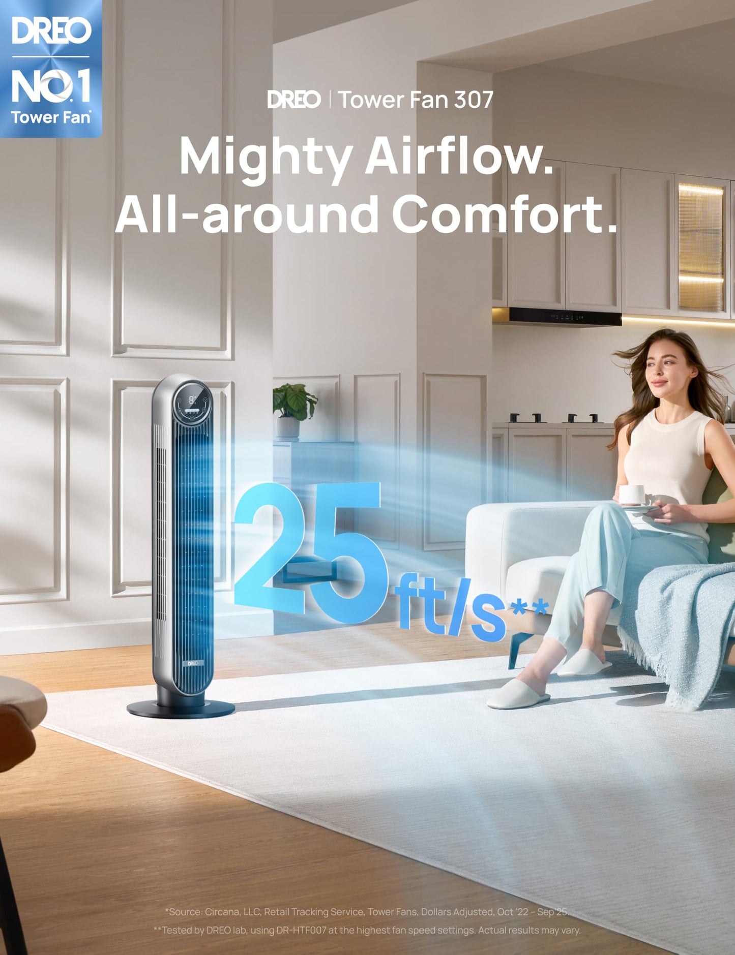 DREO Bladeless Tower Fan - 25ft/s, 4 Speeds, 4 Modes, 90° Oscillation, 8H Timer, Ultra Quiet for Bedroom, Indoors, Silver (Tower Fan 307)