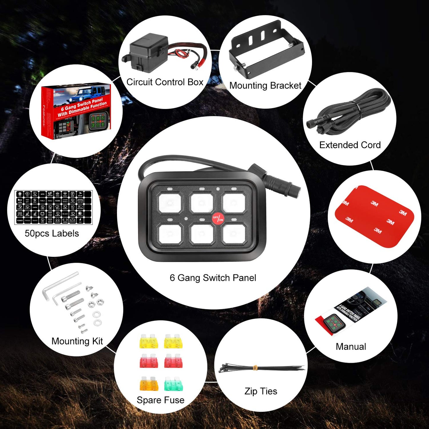 6 Gang Switch Panel, Auto Power Plus Automatic Dimmable Switch Pod Panel Circuit Control Box Relay System Universal Touch Switch Box with Harness Label Sticker for Car Marine Boat ATV UTV Truck