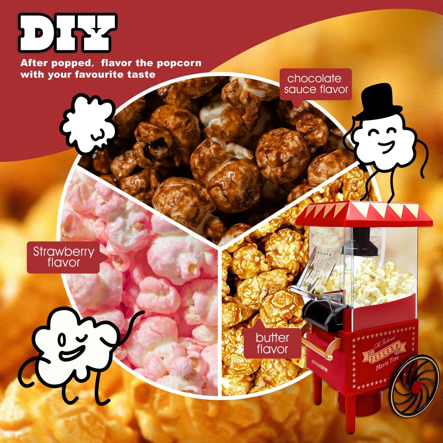 GVAKMM Popcorn Machine, Hot Air Popcorn Maker Kit Gift Box, Portable Home Popcorn Popper Machine, 10-Cup,Oil-Free,Retro Style,Compact and Cute