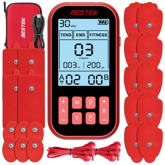 BESTEK TENS Unit Muscle Stimulator for Pain Relief – 3-in-1 EMS TENS Machine with 20 Pads, Dual Channel, Rechargeable Massager for Back, Sciatica, Neck, Shoulder, Leg Pain