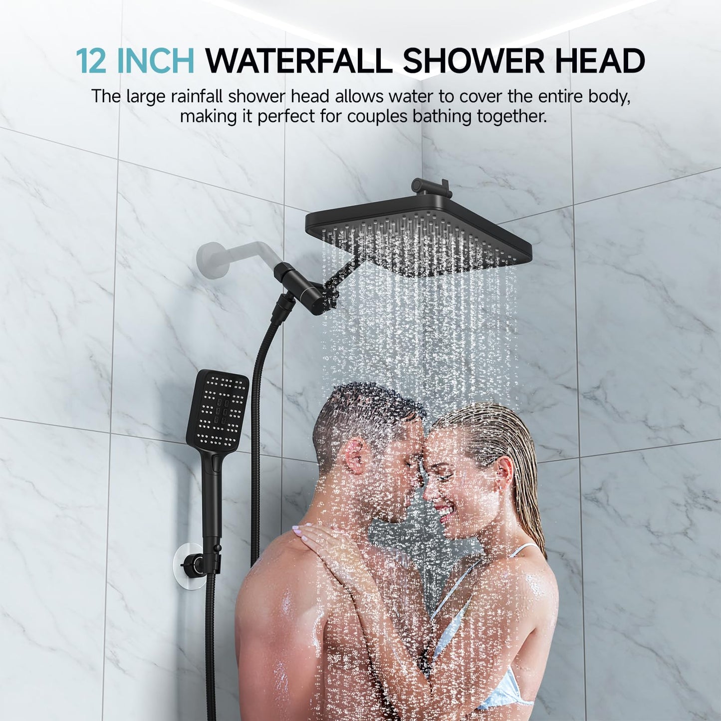 Rain Shower Head with Handheld Spray Combo Set, Adjustable 12" Rainfall Dual Shower Head, Double&Tandem Shower Head, Waterfall Showerhead Bathroom -Matte Black