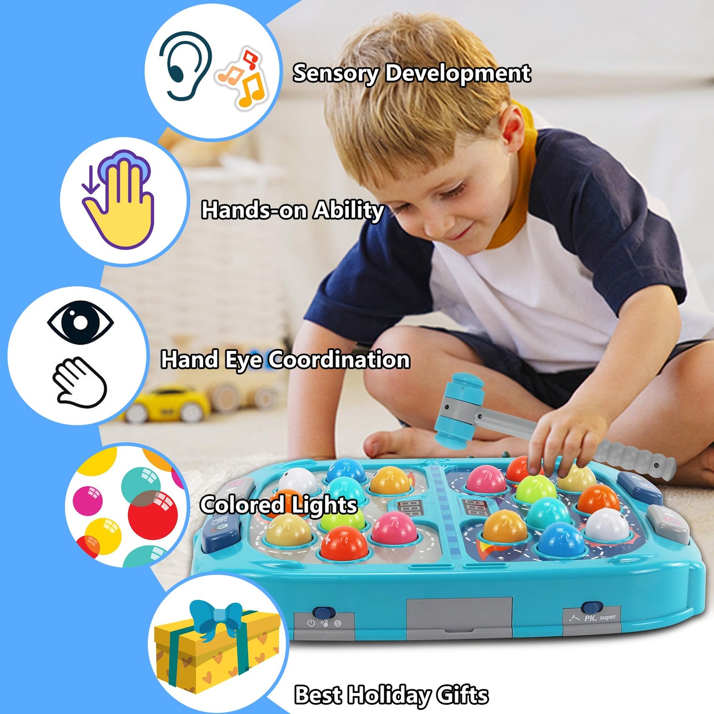 Pafolo Whack Mole Game for Toddlers, Large Batting Toy 11 x 15 Inch with Sound and Light, Interactive Batting Toy for Kids, 9 Speeds for Beginners, Blue