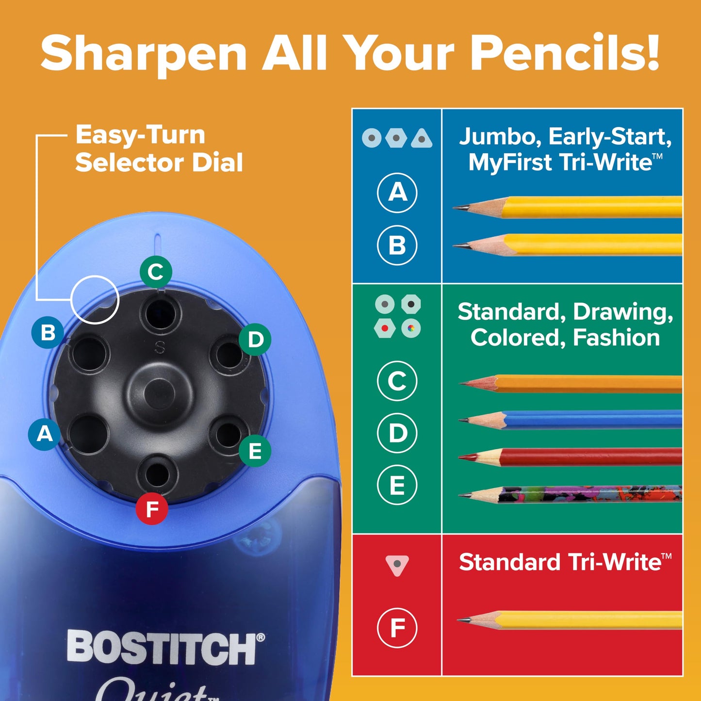 Bostitch Office QuietSharp Electric Pencil Sharpener, Heavy Duty Classroom or Office Use, Size Selector with 6 Different Sizes, Blue