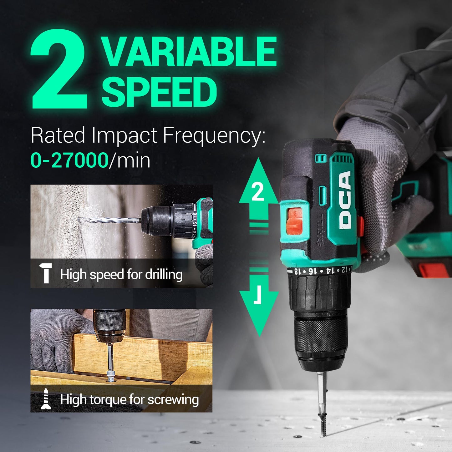DCA 20V Brushless Hammer Drill Cordless, 492 in-lb Torque Impact Drill, 1/2" All-Metal Keyless Chuck,18+1+1, (0-450/0-1800RPM), 27000 IPM, Compact Design with 2.0Ah Battery & Charger,ADJZ2055i
