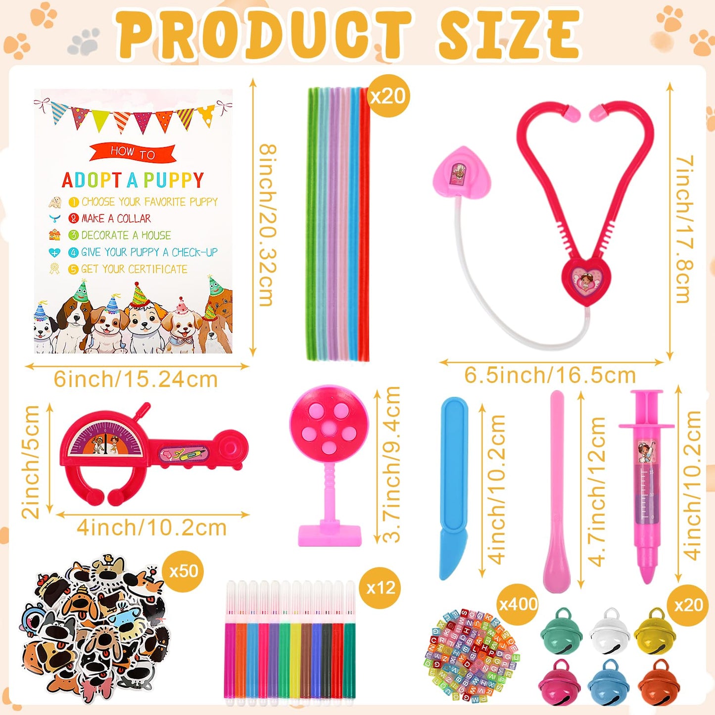 Adopt a Dog Party Favors Set - 12 PCS Plush Stuffed Puppies with Party hats include Paper House, fence, Adoption Cards, DIY Collars, House Decor and Check-up Accessories for Puppy Party Birthday