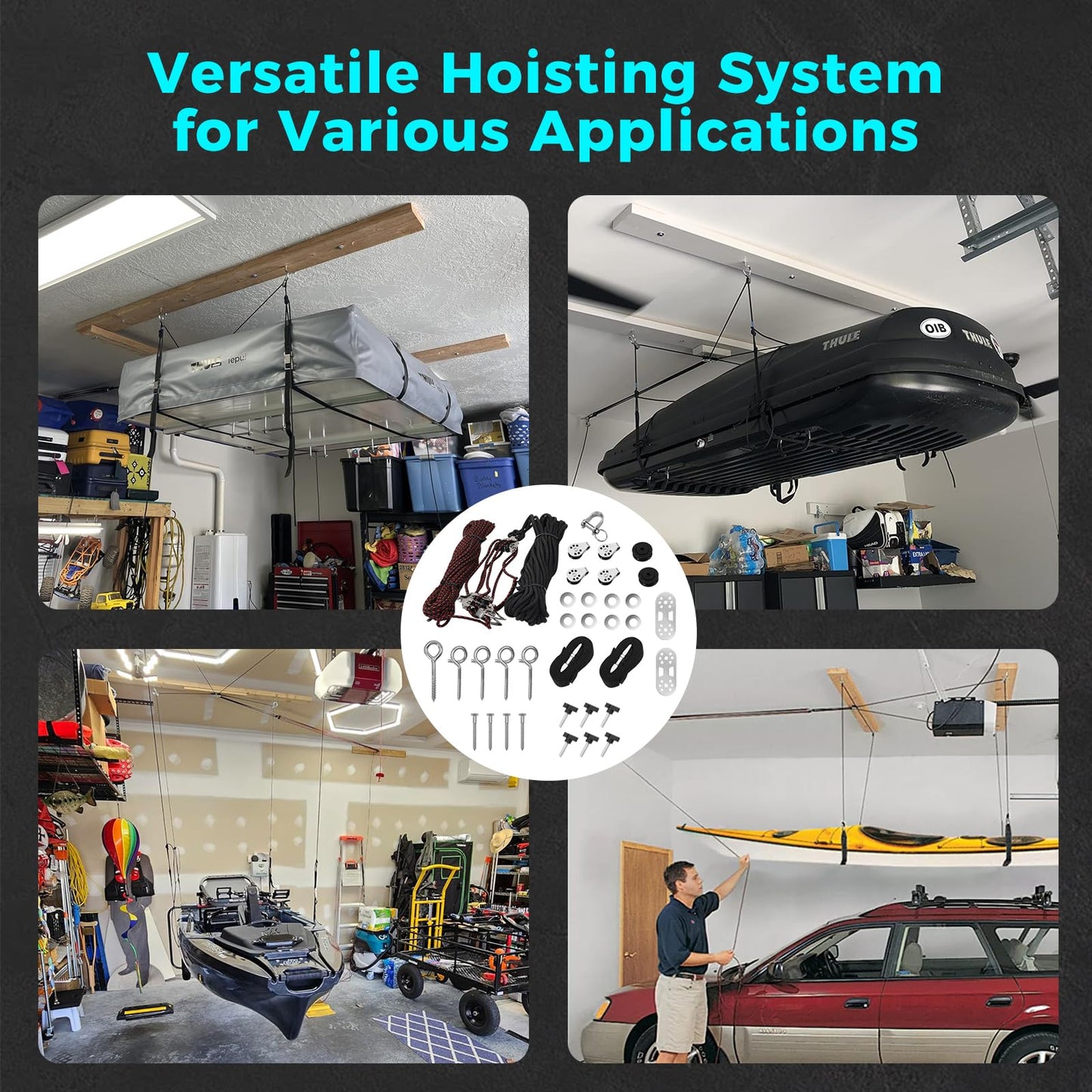 Hard Top Removal Lift for Jeep Wrangler JL JK TJ Ford Toyota and More Models, Easy One-Person Auto-Lock Anti-Drop Hoist with Multi-Use Overhead Storage (Supports 8-14 ft. Ceiling, Bundled 6 T-Knobs)