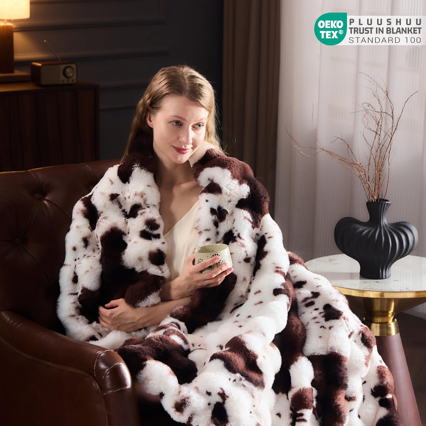 PLUUSHUU Faux Fur Throw Blanket for Couch, Fluffy Fuzzy Plush Bubble Blanket, Soft Warm Cozy Shaggy Rabbit Blanket, Luxury Decorative Gifts for Sofa Bedroom Living Room, 60x80inch (Cow Print-Brown)