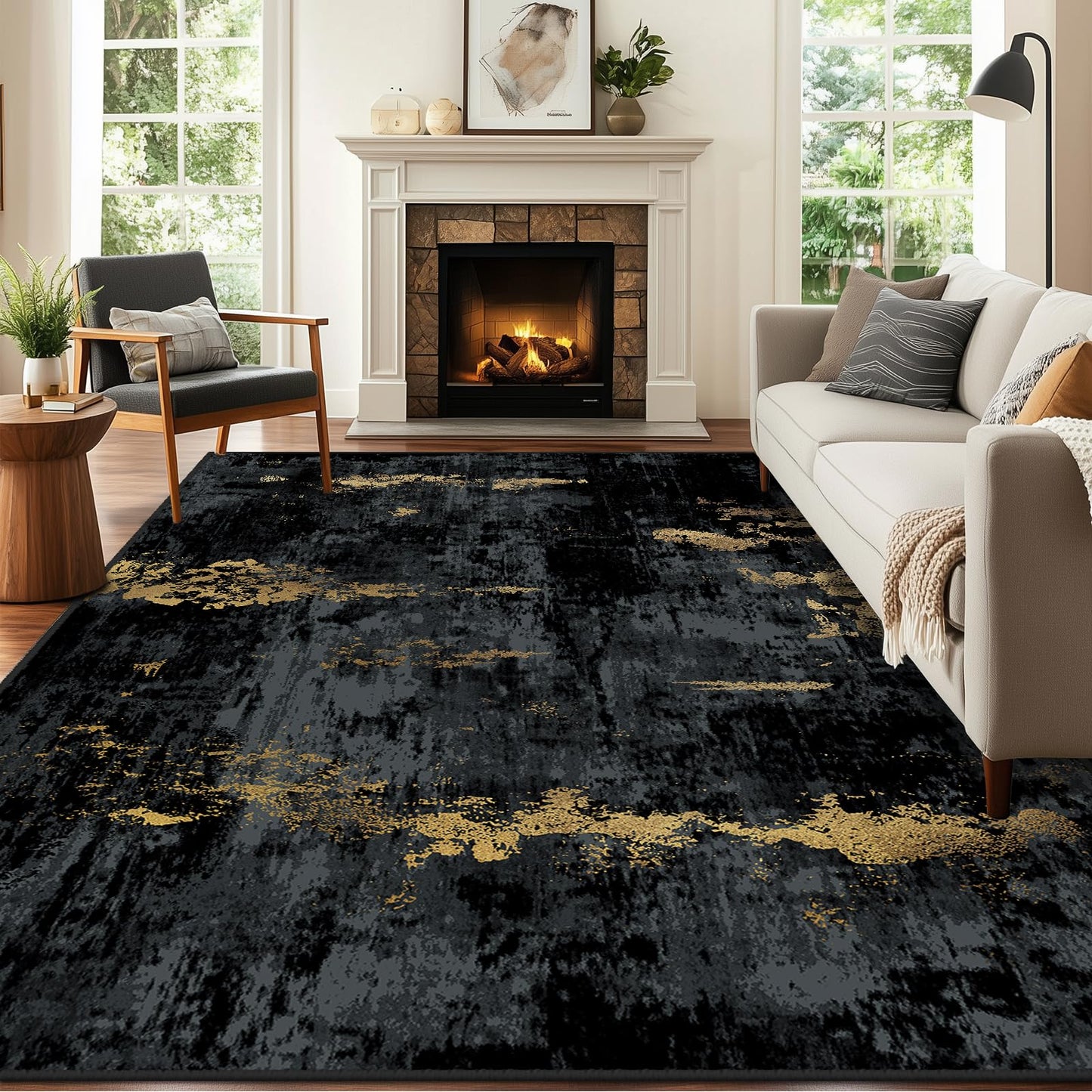 RELEANY Washable Area Rugs 5'x7' Non-Slip Modern Abstract Soft for Living Room Entryway Bedroom Kitchen, Print Pattern, Dark Black Gold