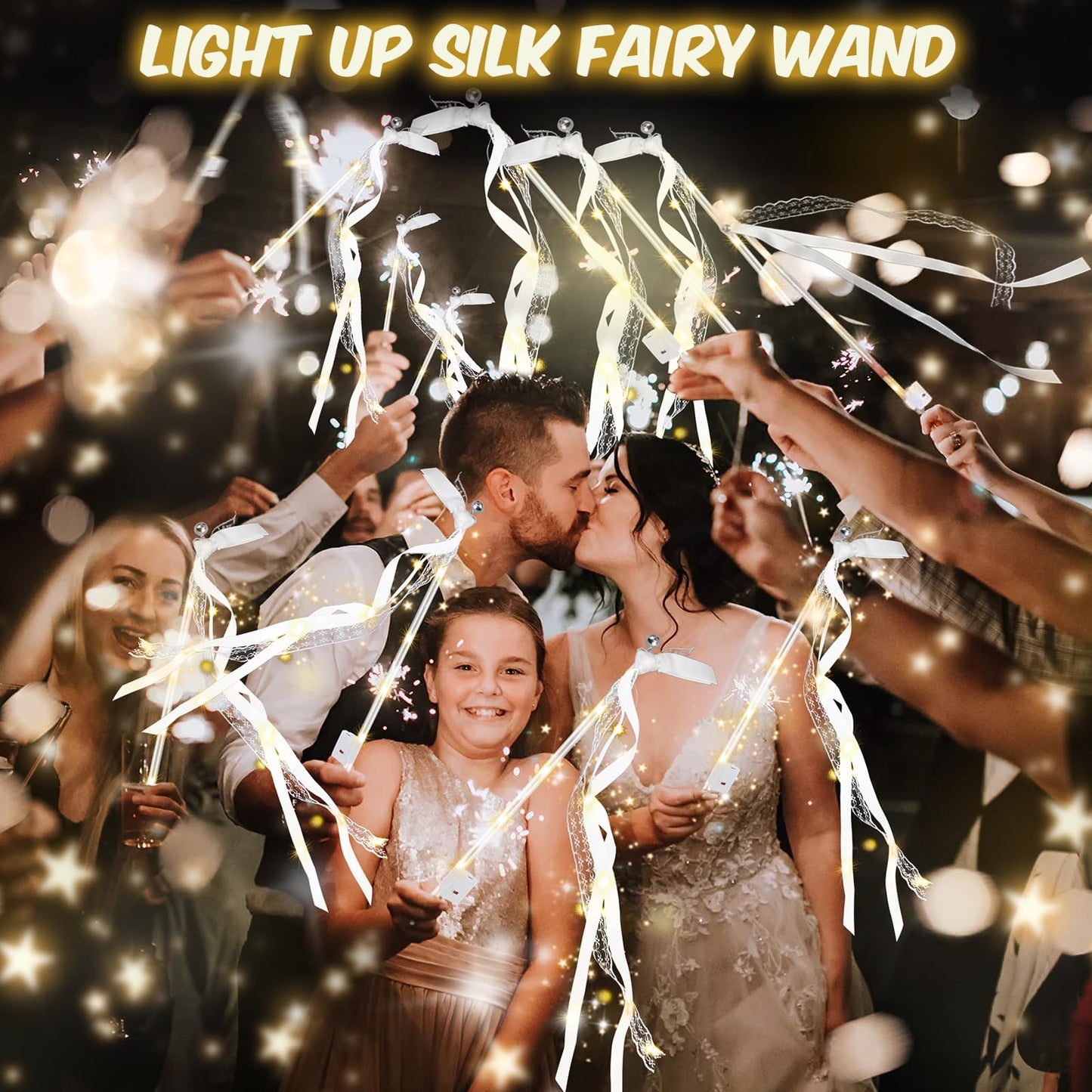HONLYNE 68PCS Light up Wands for wedding, Wedding Wands Streamers with 3 Colorful Flashing Modes, Fairy Wands, LED Silk Fairy Wand with Bells for Wedding, New Year, Thanksgiving, Concert