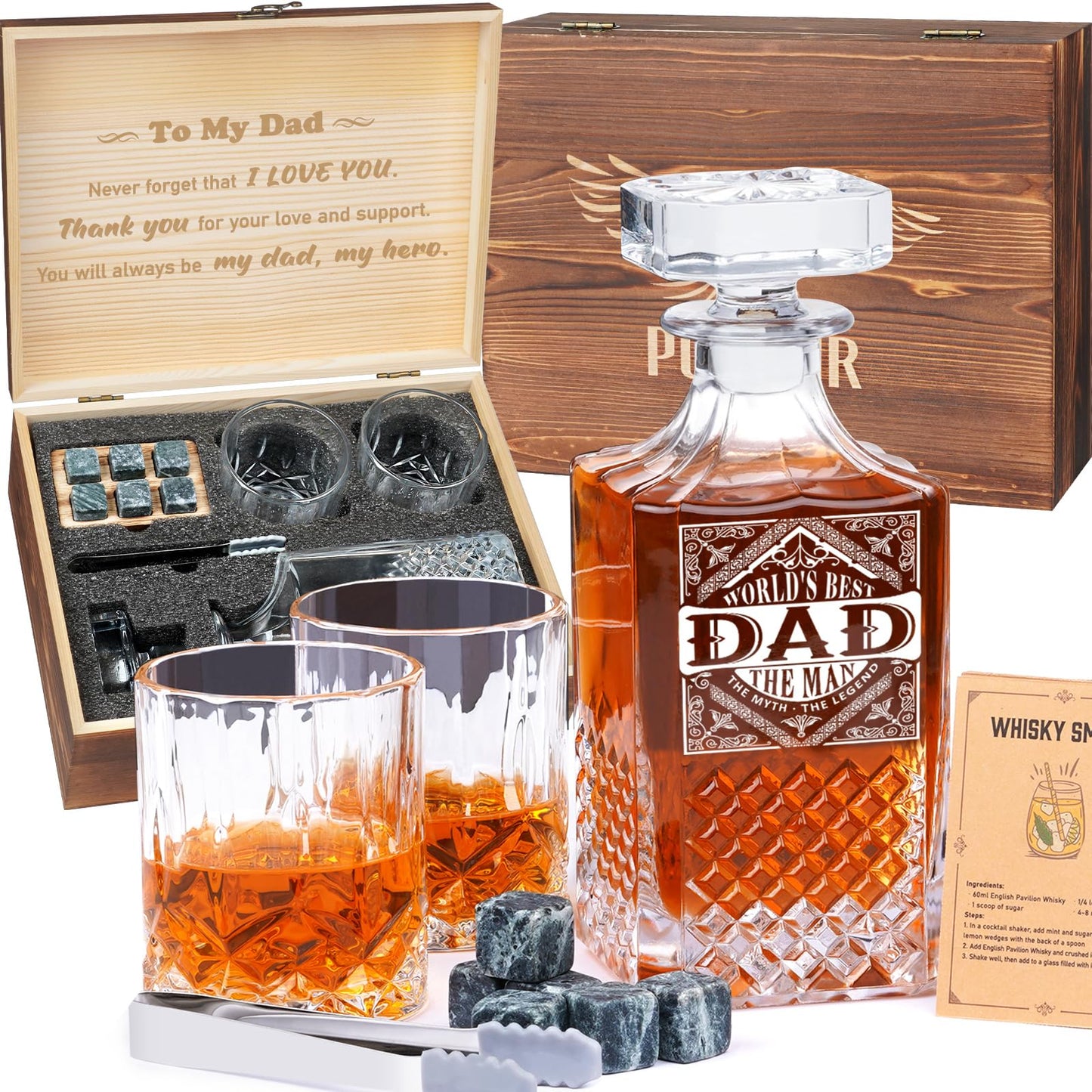 PONPUR Gifts for Men Dad, Whiskey Decanter Set with 2 Glasses with Wooden Box, Unique Dad Birthday Gift from Daughter Son, Best Dad Father Husband Presents for Anniversary Christmas