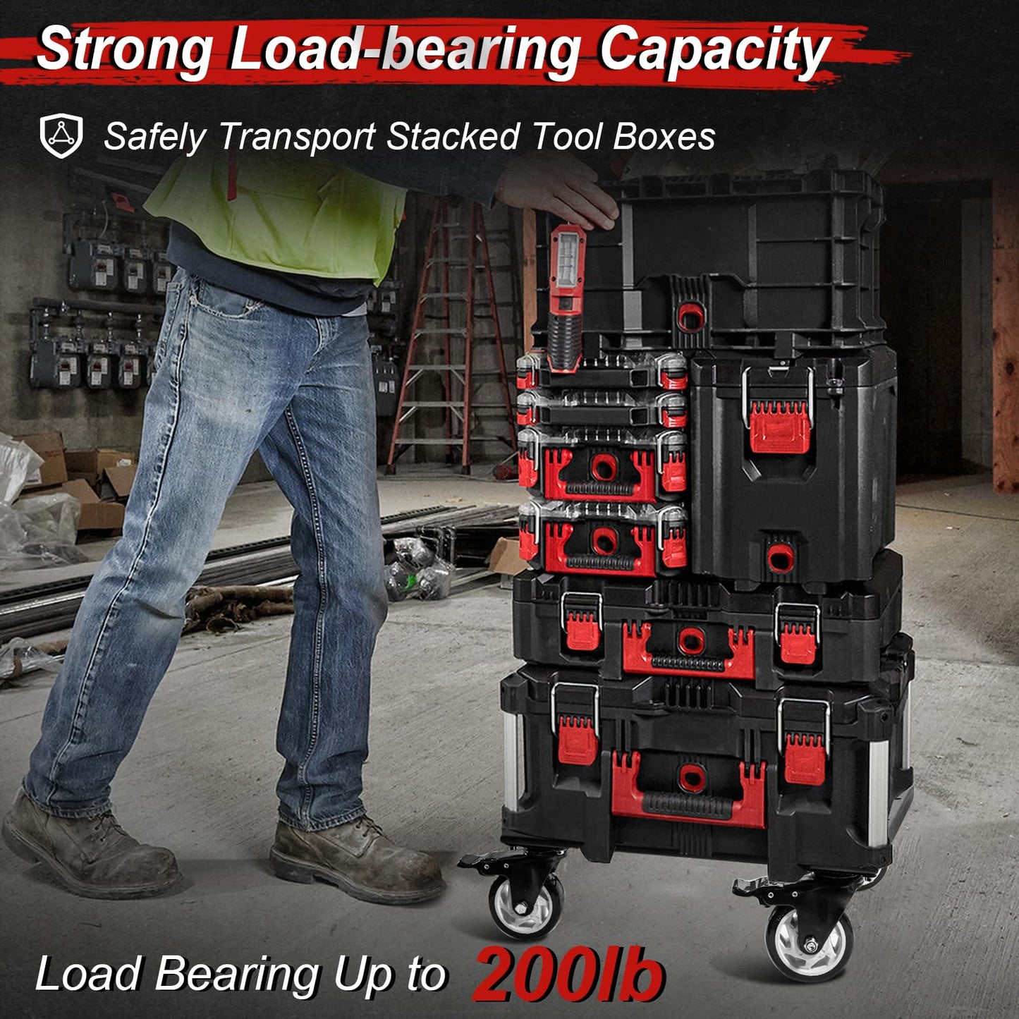 Heavy Duty Tool Box Dolly Compatible with Mil.Waukee Packout Toolboxes, Thickened Carbon Steel Frame and Larger Wheels with Brake System, No Drilling Required, Load-Bearing Capacity Up to 200lb
