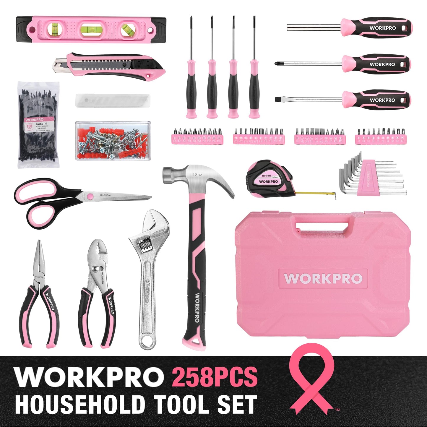 WORKPRO Pink Tool Set, 258 PCS Tool Kit for Women, Basic Household Tool Box with Hammer, Screwdriver Set, Portable Toolkit for Home Repair, New Apartment, House-Warming, DIY - Pink Ribbon