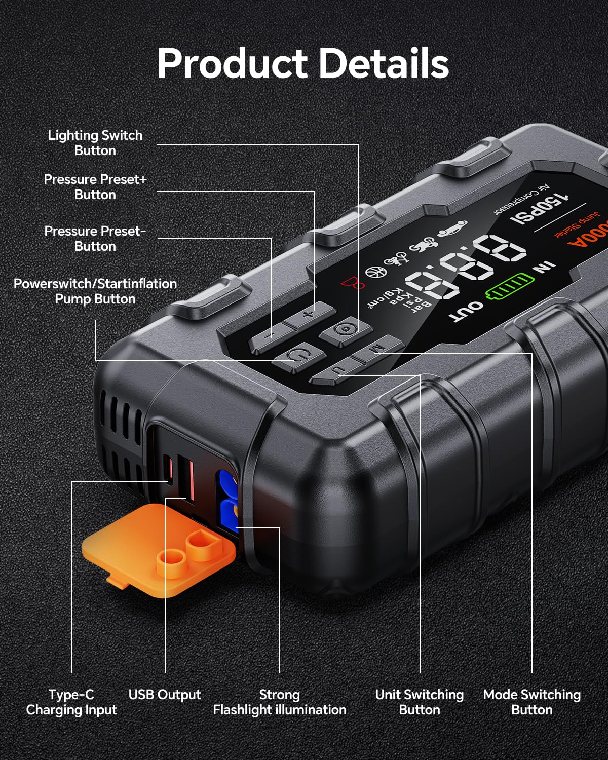 THEKUKU Jump Starter 5000A, Car Battery Jump Starter with Air Compressor for Up to 9.0L Gas and 8.0L Diesel Engine, 12V Jump Box with Display,PD 45W,LED Light, Jumper Cables, and Storage Case