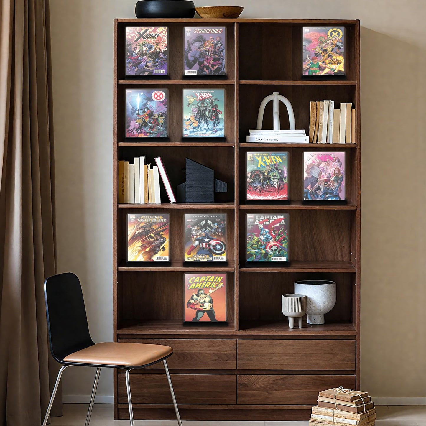 EZFXHD WTER Comic Book Storage Holder，Wood Comic Book Case with three acrylic dividers，Acrylic Comics Book Box，Bin & Organizer，Stores Up To 150 Comics (Black)
