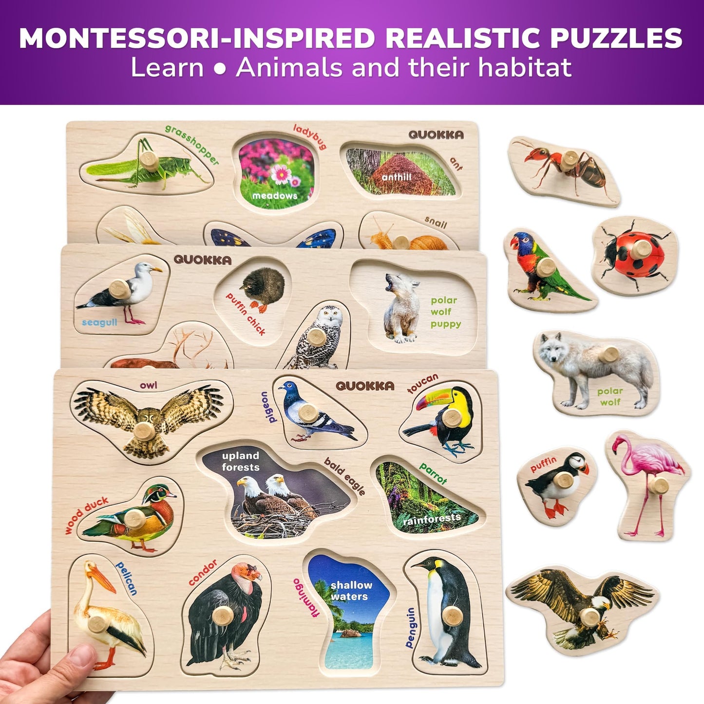 QUOKKA Wooden Puzzles for Toddlers 1-3 - 8XSET Toddler Puzzles Ages 2-4 with Rack - Learning Alphabet, Numbers and Animals Toy Puzzles for Toddlers 3-5 - Wood Games Gift for Boys and Girls