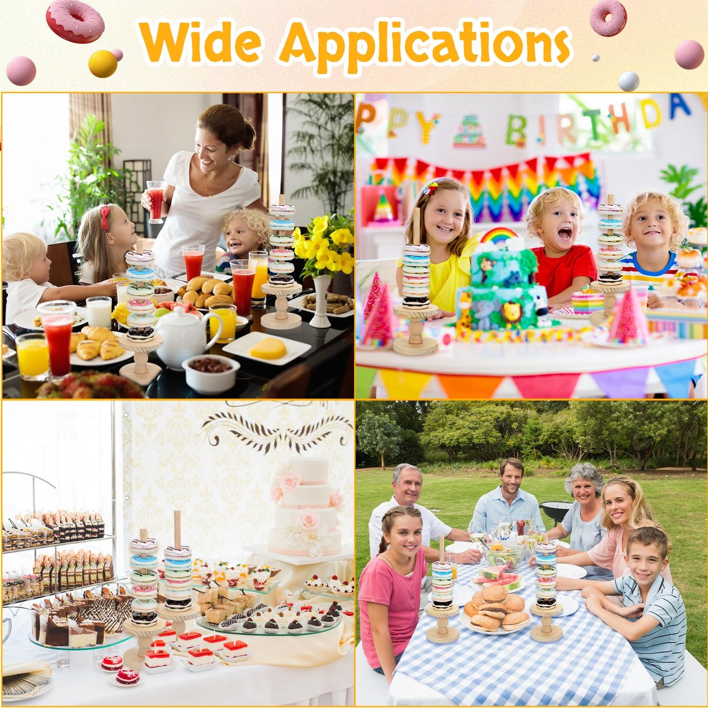 Zhehao 4 Pcs Farmhouse Donut Stand Donut Holder Display Stacker Tower Detachable Doughnut Stand Dessert Tower Tools Serving Decoration Kit for Birthday Wedding Party Decoration(Wood)