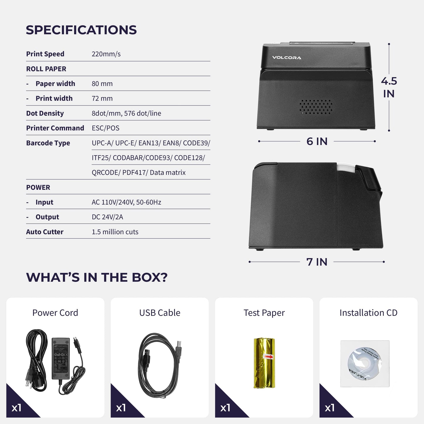 Volcora Thermal Receipt Printer, 80mm USB/Ethernet POS QR Code Printer with Auto Cutter for Cash Drawer/ESC/POS, Compatible with Android/Windows/Linux, Retailer, Restaurant Use, Wall Mount, Black