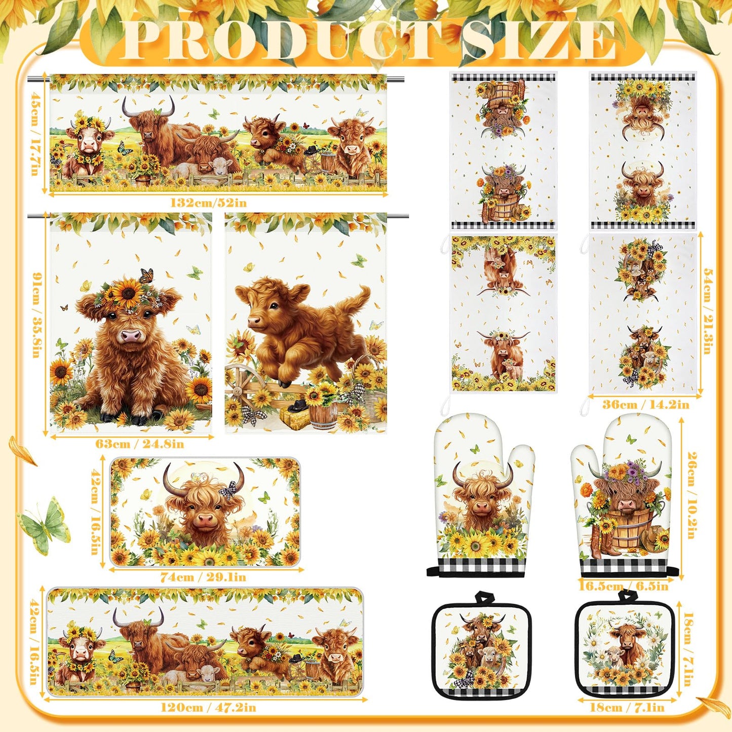 Hillsuren 13 Pcs Farmhouse Highland Cow Kitchen Decor Set 3 Cow Kitchen Curtains Valance 2 Sunflower Rugs and Mats 4 Towels 2 Pot Holders 2 Oven Mitts for Home Decor Cooking Grilling Housewarming Gift