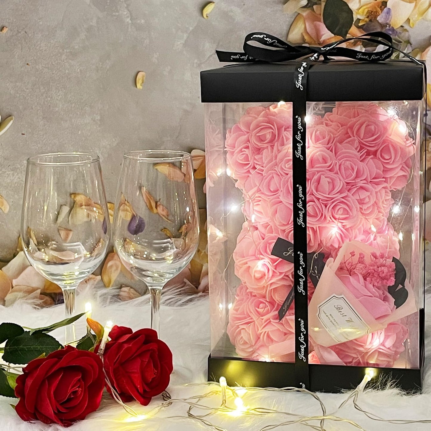 Romantic Valentine's Day Gift For Her Artificial Flower Rose Teddy Bear With Preserved Flowers Bouquet And Blind Box Pearl Necklace Birthday Gift For Wife Girlfriend Mom Women Mothers Day Home Decor