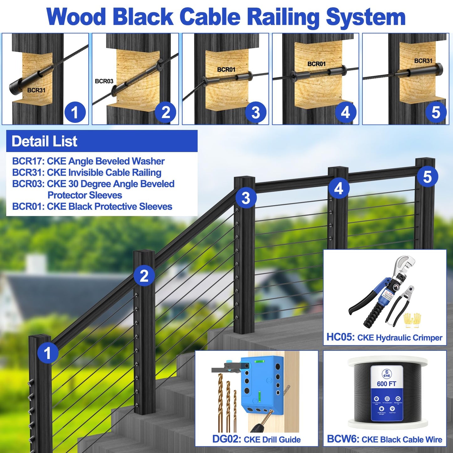 CKE 50 Pack Black Invisible Cable Railing Kit, T316 Stainless Steel Swage Tensioner Terminal for 1/8" Cable Railing System, Invisible Receiver and Stud End Hardware for 2x2 Wood & Metal Post BCR31