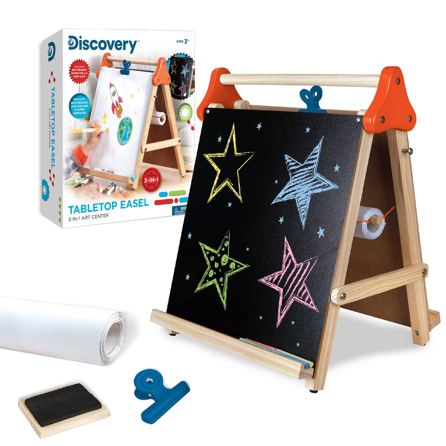 Discovery Kids 3-in-1 Tabletop Dry Erase Chalkboard Painting Art Easel, Includes Paper Roll and Oversized Clip, 17 x 15 Inch Wood Frame, Perfect for Children 3+ | Foldable/Portable for Countertop Play