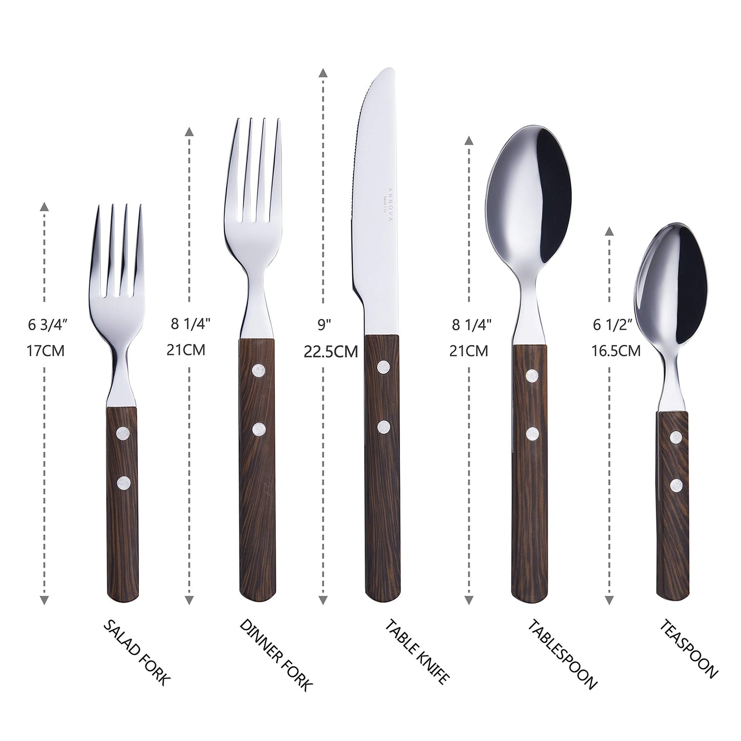 ANNOVA Silverware Set Stainless Steel Cutlery Color Handle With Rivet/Retro Flatware (Walnut/Wood 303, 20 Pieces)