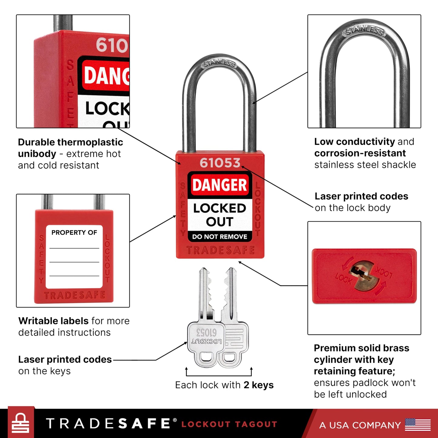 TRADESAFE Lockout Tagout Locks Set - 10 Red Loto Locks, Lockout Locks Keyed Different, 2 Keys Per Lock, OSHA Compliant Lock Out Tag Out Padlocks, Safety Padlocks for Electrical Lockout Tag Out Kits