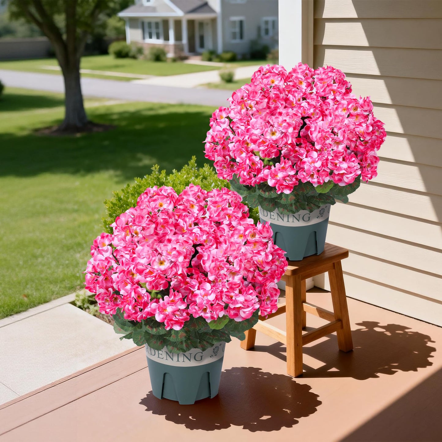 Geraniums Artificial Flowers for Outdoors, 2 Pack Potted Plants Pink Faux Geraniums Bush Artificial Topiaries Realistic UV Resistant Fake Flowers Plants for Planters Outside Gardens Front Door Indoor