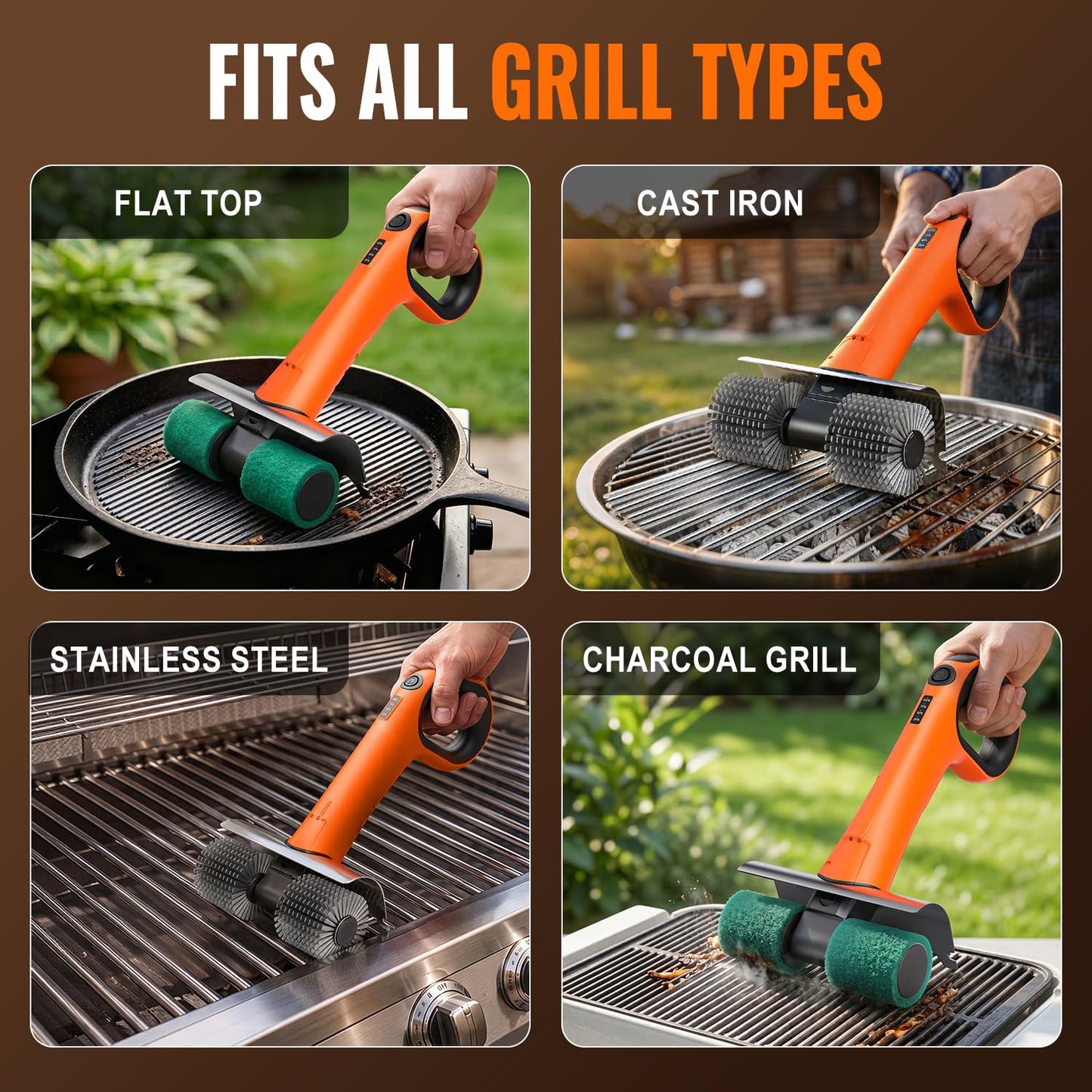 Electric Grill Brush - Dual Rotating Heads Cordless BBQ Grill Cleaner, 450 RPM Motorized Power Grill Cleaning Brush with LED Light, 6-Piece Replaceable Brush Set Safe for Most Outdoor Grill Grates