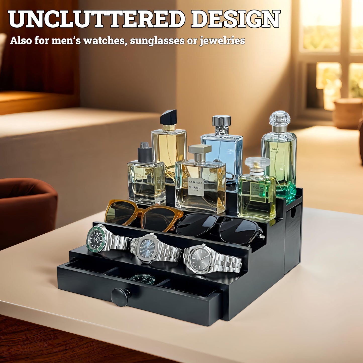 Wooden Cologne Organizer For Men 4 Tier Black | High Grade Velvet Lining and Stylish Gift Box | Double Side Compartment | Space Aid Cologne Holder | Perfume Display Stand | Men's Room Essential