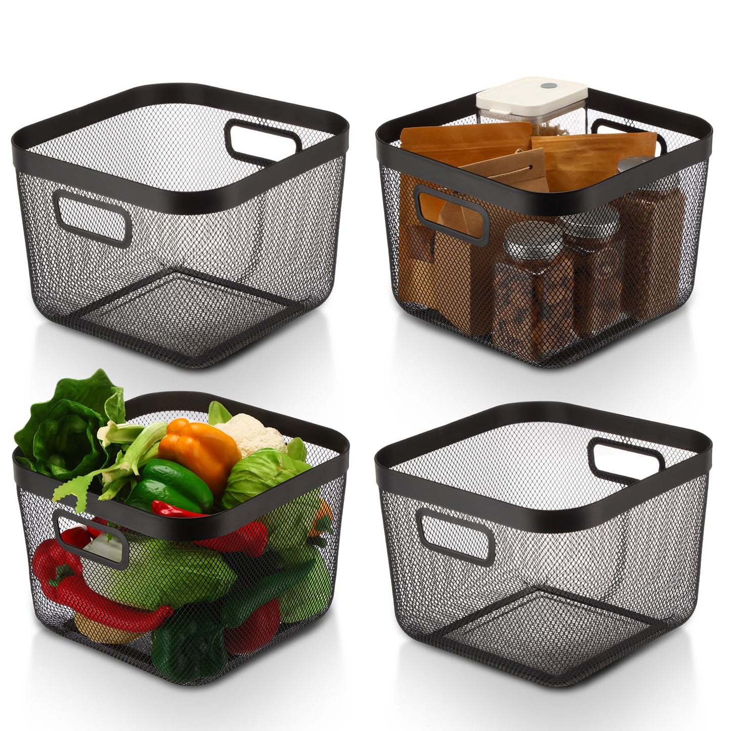MorningRo 4 Pack Metal Mesh Steel Basket with Hollow Handles Square Wire Mesh Open Bin Fruit Storage Basket for Kitchen Bathroom Picnic Shopping Cabinet Home Items (Large,Black)