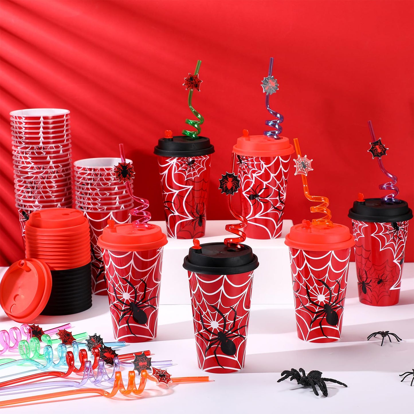 Maxcheck 36 Sets Spider Party Favors Goodie Cups with Lids and Straws for Birthday Decorations 36Pcs 16oz Plastic Cups Reusable Plastic Straws for Birthday Party (Spider)