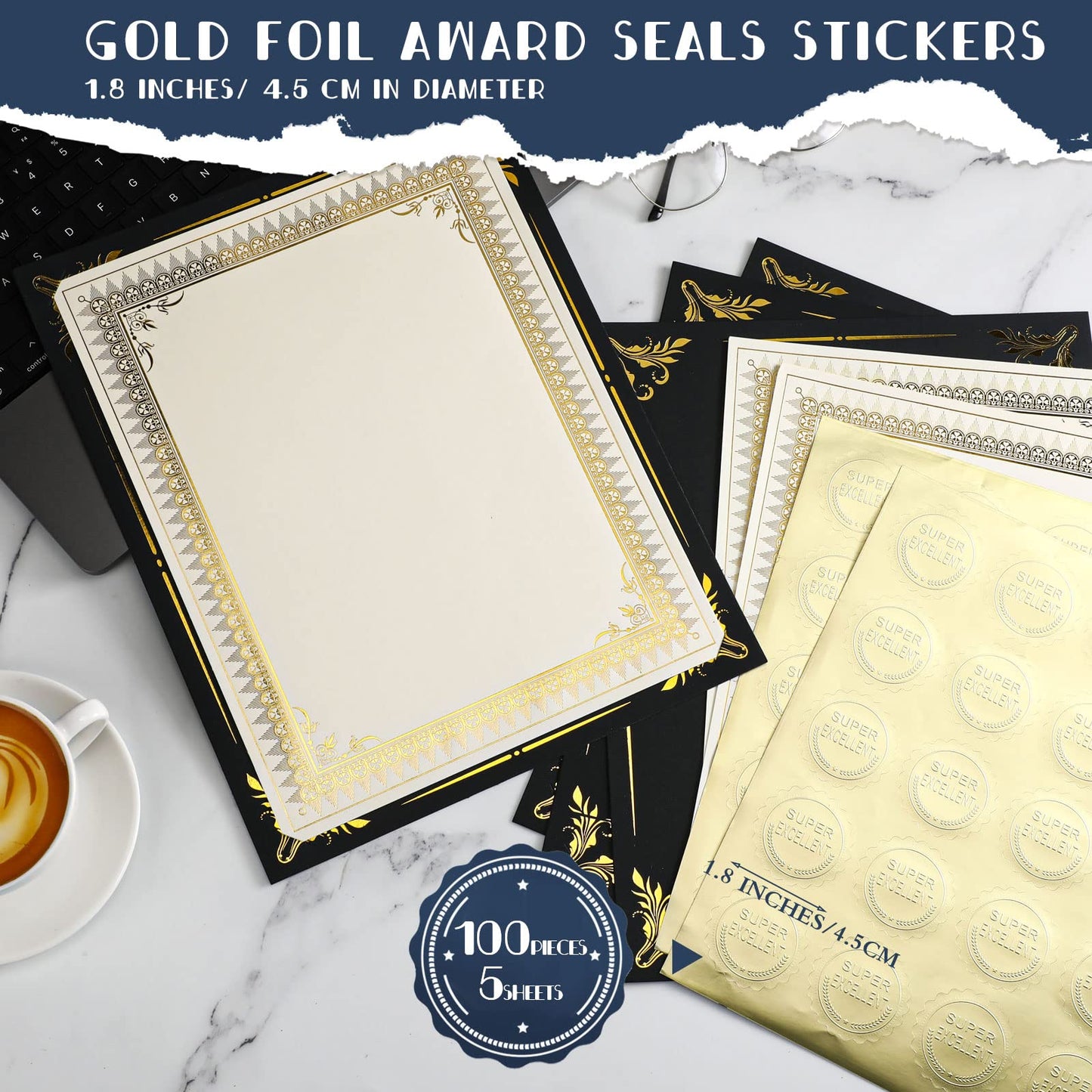 Fainne 100 Sets Certificate Paper Kit Single Sided Awards Holder with Foil Border for 8.5 X11 Certificate Covers Award Seals Stickers Diploma Covers(Black)