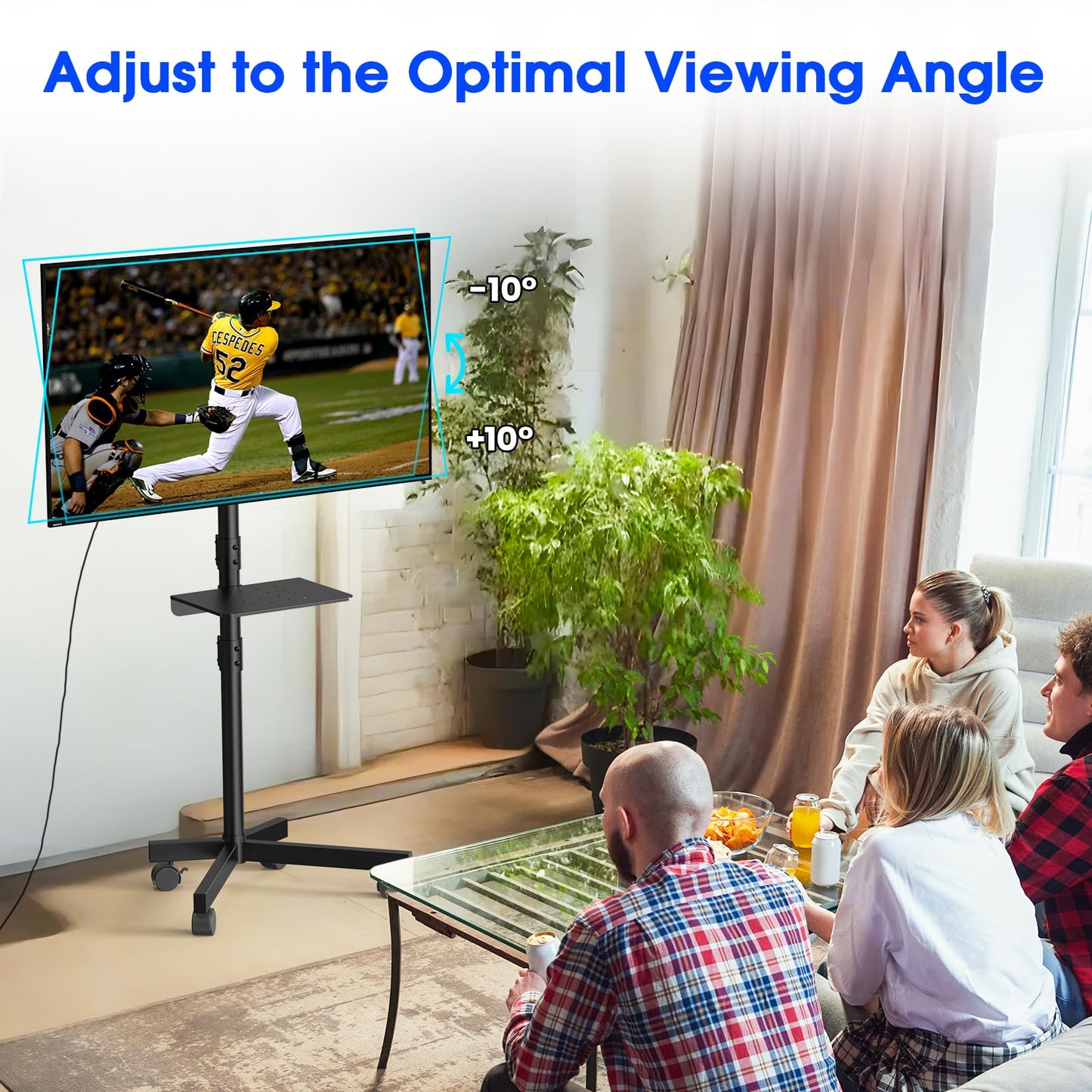 Zontera Mobile TV Stand for 23-60 Inch LCD LED OLED Flat Panel Curved Screen TVs up to 88 lbs, Tilt and Height Adjustable, Locking Rolling Wheels TV Cart with Shelf, Max VESA 400x400mm, Black