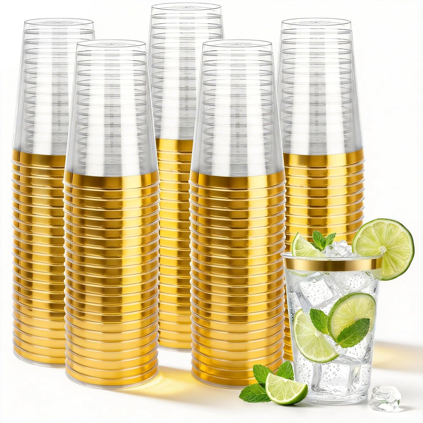 Ciselure 200 Pack Gold Plastic Cups, 12 Oz Clear Disposable Cups with Gold Rim, Heavy Duty Cups for Party, Wedding and Daily Use