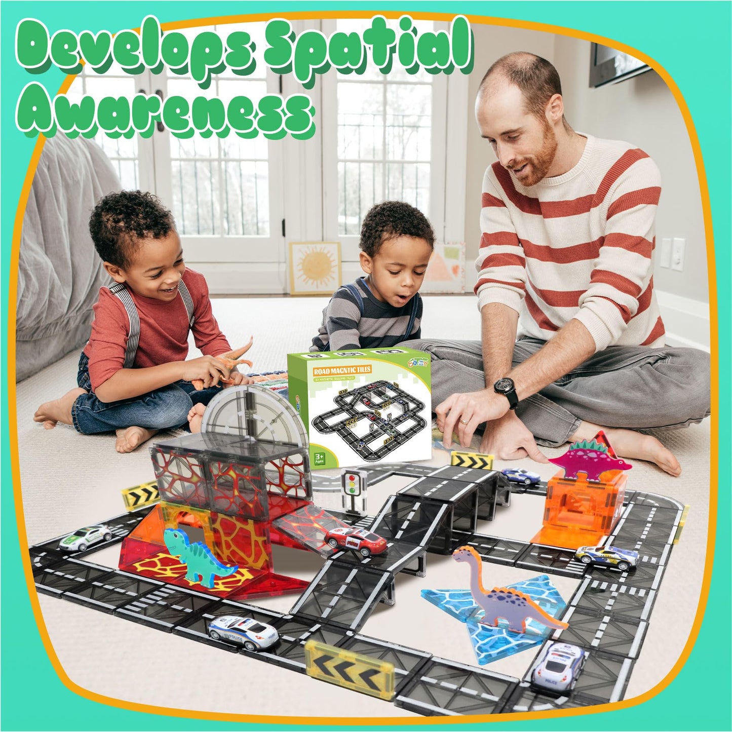 Magnetic Tiles Road Set with Pullback Car, Magnetic Tiles for Kids Ages 3-5 4-8, Magnetic Building Tiles for Toddler Kids Boys Girls, Creative STEM Building Toy & Learning Educational Magnet Toys